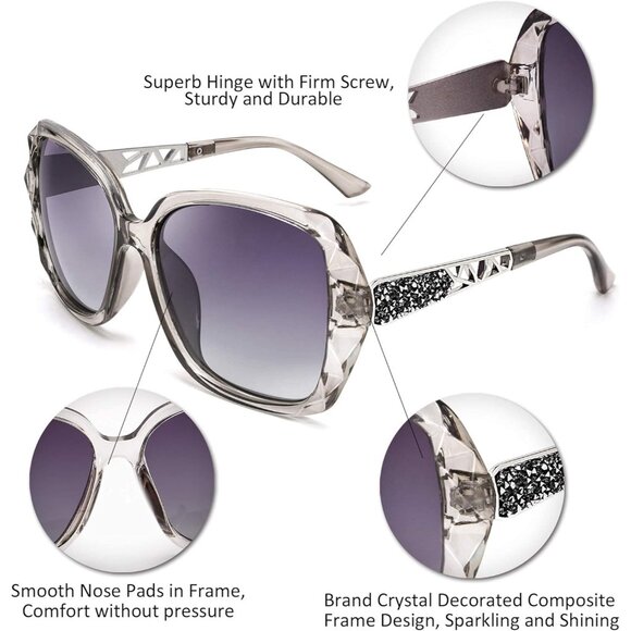 Women's Gray Crystal Square Sunglasses Sparkling Composite Shiny Frame Design - Picture 4 of 9